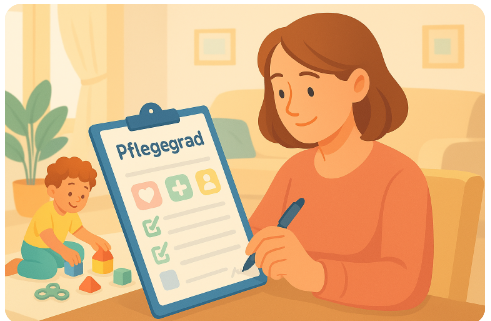 Mutter füllt ein Pflegegrad-Formular aus, während ihr Kind im Hintergrund spielt